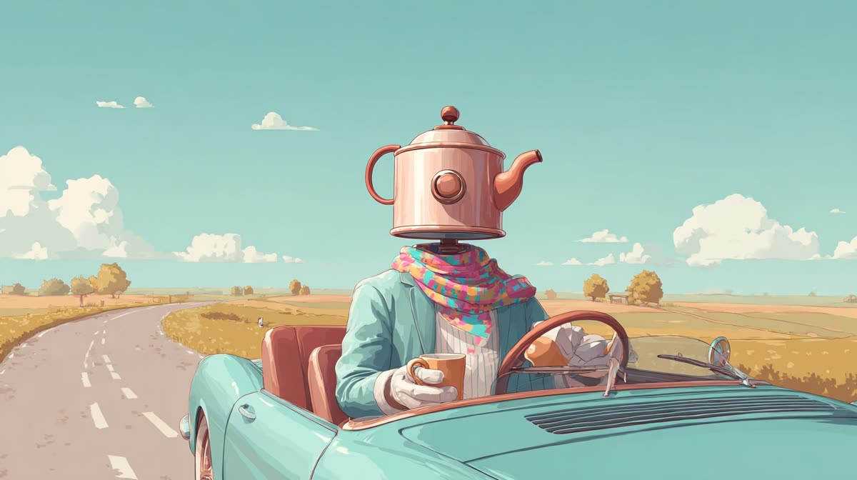 A teapot-headed traveller driving a mint convertible