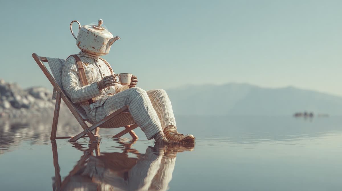 A teapot-headed figure relaxing in a deck chair by a still lake